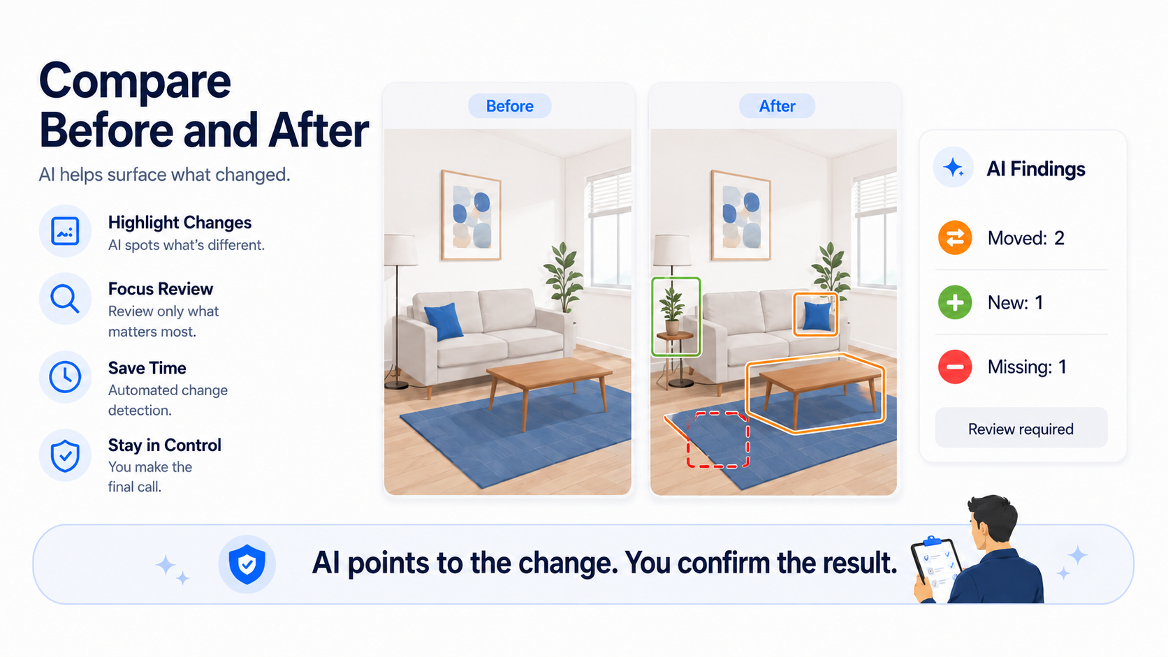 Educational concept illustration of AI-powered room comparison with change markers