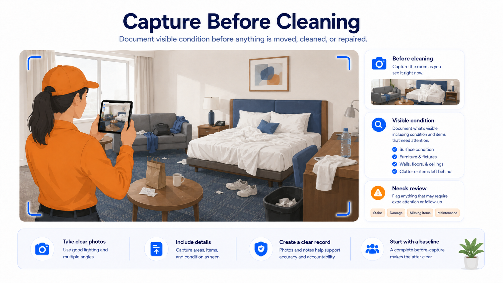 Educational concept illustration of documenting room condition before cleaning