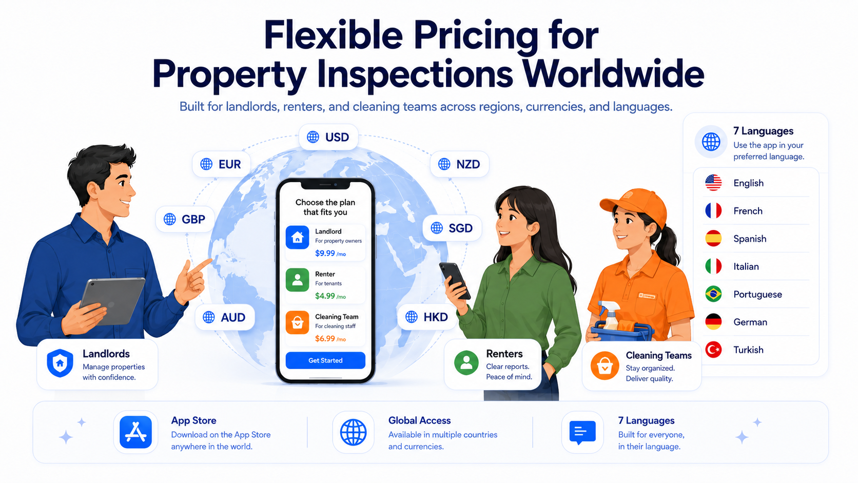 Illustration showing global pricing, supported currencies, seven app languages, and role-based workflows for landlords, renters, and cleaning teams.